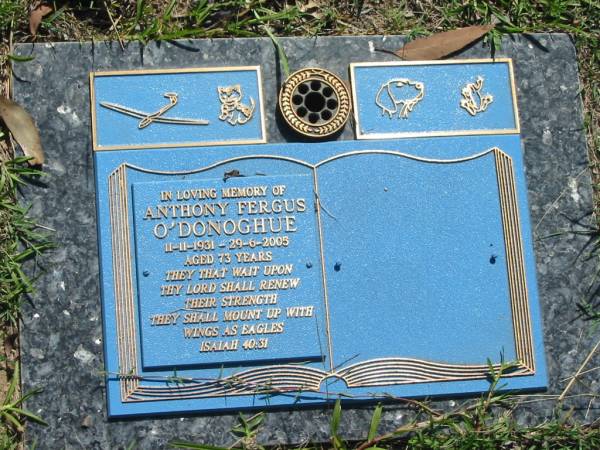 Anthony Fergus O'DONOGHUE,  | 11-11-1931 - 29-6-2005 aged 73 years;  | Blackbutt-Benarkin cemetery, South Burnett Region  | 