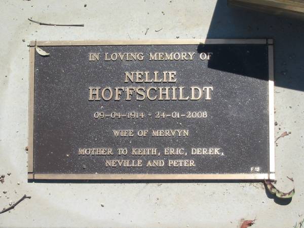 Nellie HOFFSCHILDT,  | 09-04-1914 - 24-01-2008,  | wife of Mervyn,  | mother of Keith, Eric, Derek, Neville & Peter;  | Blackbutt-Benarkin cemetery, South Burnett Region  | 