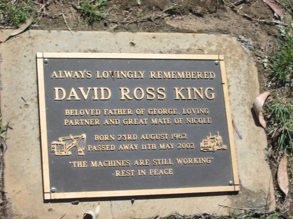David Ross KING,  | father of George,  | partner of Nicole,  | born 23 Aug 1962,  | died 11 May 2002;  | Blackbutt-Benarkin cemetery, South Burnett Region  | 