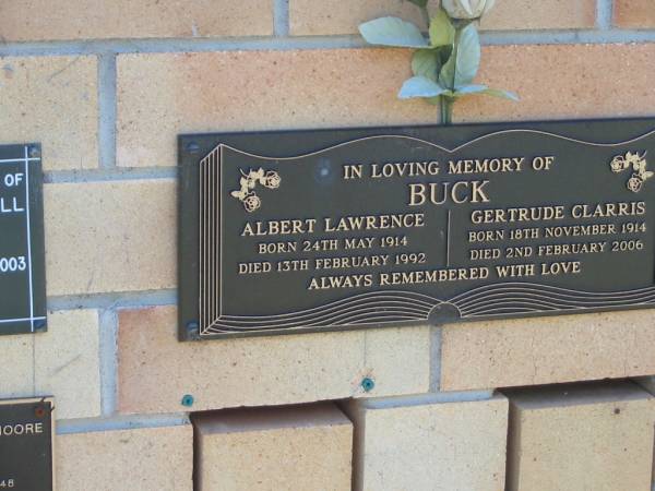 Albert Lawrence BUCK,  | born 24 May 1914,  | died 13 Feb 1992;  | Gertrude Clarris BUCK,  | born 18 Nov 1914,  | died 2 Feb 2006;  | Blackbutt-Benarkin cemetery, South Burnett Region  | 