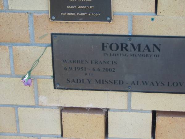 Warren Francis FORMAN,  | 6-9-1951 - 6-6-2002;  | Blackbutt-Benarkin cemetery, South Burnett Region  | 