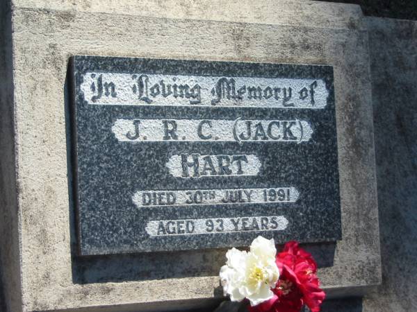 J.R.C. (Jack) HART,  | died 30 July 1991 aged 93 years;  | Blackbutt-Benarkin cemetery, South Burnett Region  | 