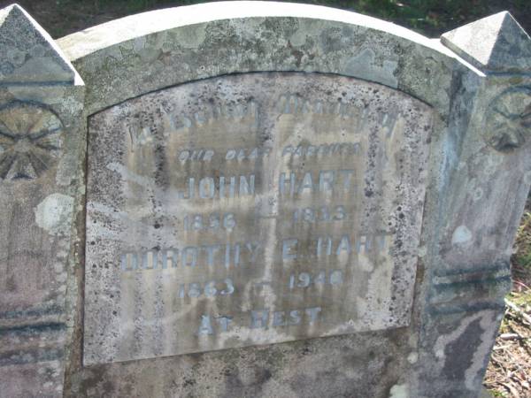 John HART,  | 1856 - 1933;  | Dorothy E. HART,  | 1863 - 1940;  | parents;  | Blackbutt-Benarkin cemetery, South Burnett Region  | 