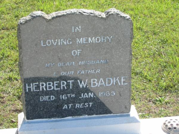 Herbert W. BADKE,  | husband father,  | died 16 Jan 1965;  | Blackbutt-Benarkin cemetery, South Burnett Region  | 