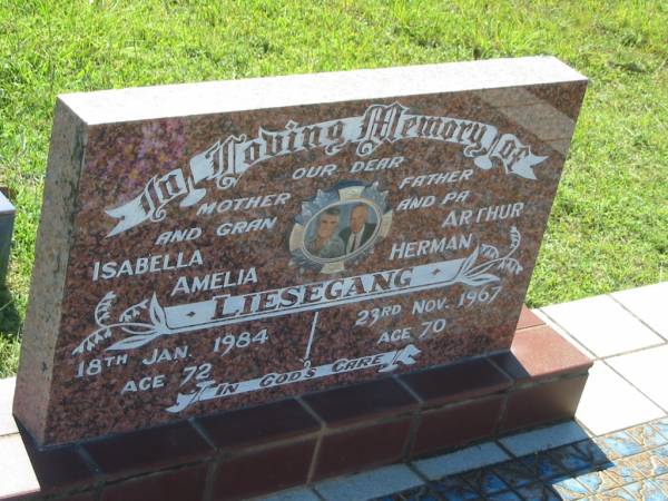 Isabella Amelia LIESEGANG,  | mother gran,  | died 18 Jan 1984 aged 72 years;  | Arthur Herman LIESEGANG,  | father pa,  | died 23 Nov 1967 aged 70 years;  | Blackbutt-Benarkin cemetery, South Burnett Region  | 
