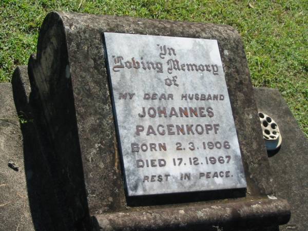 Johannes PAGENKOPF,  | husband,  | born 2-3-1906,  | died 17-12-1967;  | Blackbutt-Benarkin cemetery, South Burnett Region  | 