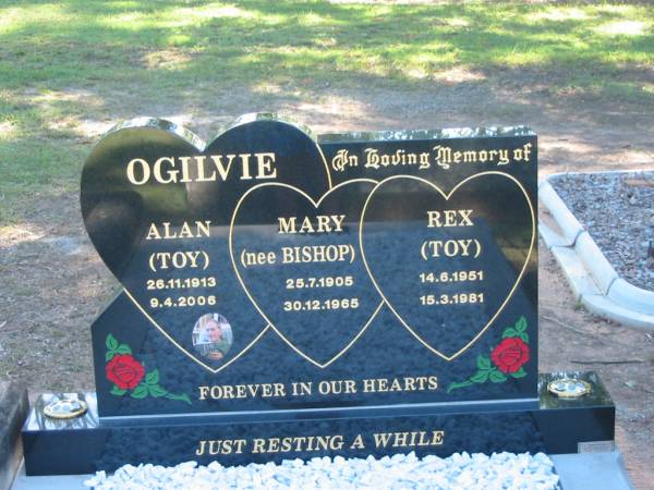 Alan (Toy) OGILVIE,  | 26-11-1913 - 9-4-2006;  | Mary OGILVIE (nee BISHOP),  | 25-7-1905 - 30-12-1965;  | Rex (Toy) OGILVIE,  | 14-6-1951 - 15-3-1981;  | Blackbutt-Benarkin cemetery, South Burnett Region  | 