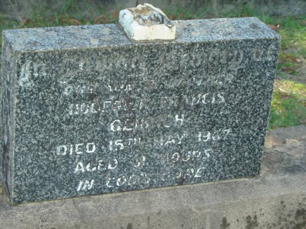 Roderick Francis GENRICH,  | son brother,  | died 15 May 1967 aged 31 hours;  | Blackbutt-Benarkin cemetery, South Burnett Region  | 