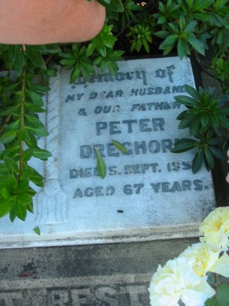 Florence Maud DREGHORN,  | mother,  | died 6 Aug 1966 aged 61 years;  | Peter DREGHORN,  | husband father,  | died 5 Sept 1953 aged 67 years;  | Blackbutt-Benarkin cemetery, South Burnett Region  | 