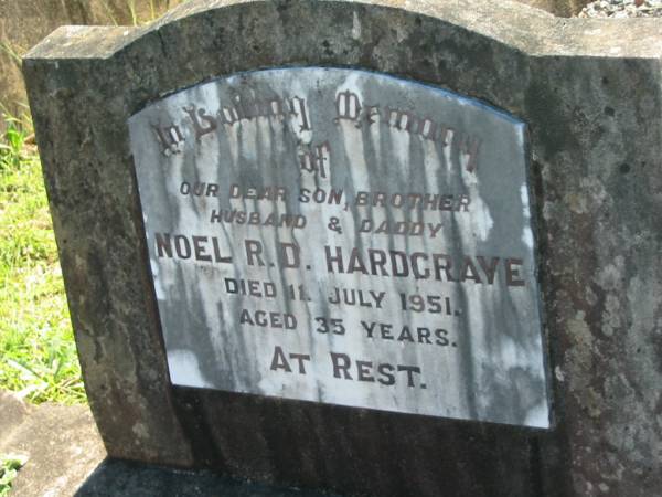 Noel R.D. HARDGRAVE,  | son brother husband daddy,  | died 11 July 1951 aged 35 years;  | Blackbutt-Benarkin cemetery, South Burnett Region  | 