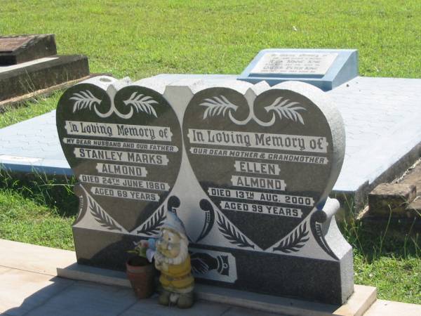 Stanley Marks ALMOND,  | husband father,  | died 24 June 1960 aged 69 years;  | Ellen ALMOND,  | mother grandmother,  | died 13 Aug 2000 aged 99 years;  | Blackbutt-Benarkin cemetery, South Burnett Region  | 