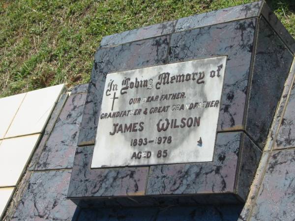 James WILSON,  | father grandfather great-grandfather,  | 1893 - 1978 aged 85 years;  | Edith Maude WILSON,  | wife mother nanna great-grandmother,  | born 25 April 1894,  | died 20 Nov 1969 aged 75 years;  | Blackbutt-Benarkin cemetery, South Burnett Region  | 