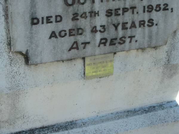 Jean Alice GUTHRIE,  | wife mother,  | died 24 Sept 1952 aged 43 years;  | James Williamson GUTHRIE,  | died 1 Oct 1980 aged 80 years;  | Blackbutt-Benarkin cemetery, South Burnett Region  |   | 