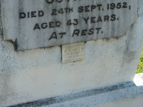 Jean Alice GUTHRIE,  | wife mother,  | died 24 Sept 1952 aged 43 years;  | James Williamson GUTHRIE,  | died 1 Oct 1980 aged 80 years;  | Blackbutt-Benarkin cemetery, South Burnett Region  |   | 