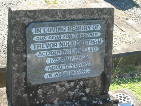 Trevor Noel BEETHAM,  | son brother,  | accidentally killed 17 Aug 1962 aged 17 years;  | Blackbutt-Benarkin cemetery, South Burnett Region  | 