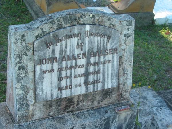 John Allen BALSER,  | died 10 Jan 1948 aged 14 years;  | Blackbutt-Benarkin cemetery, South Burnett Region  | 