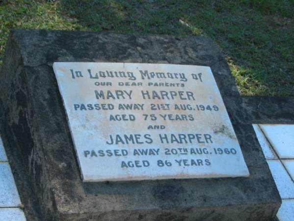 Mary HARPER,  | died 21 Aug 1949 aged 75 years;  | James HARPER,  | died 20 Aug 1960 aged 86 years;  | Blackbutt-Benarkin cemetery, South Burnett Region  | 