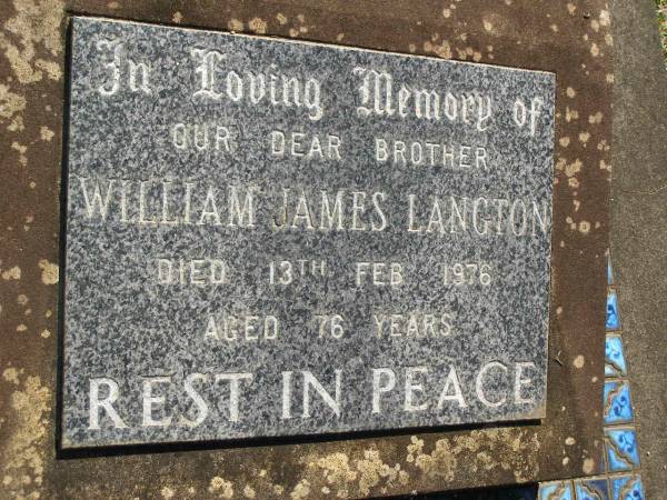 William James LANGTON,  | brother,  | died 13 Feb 1976 aged 76 years;  | Blackbutt-Benarkin cemetery, South Burnett Region  | 