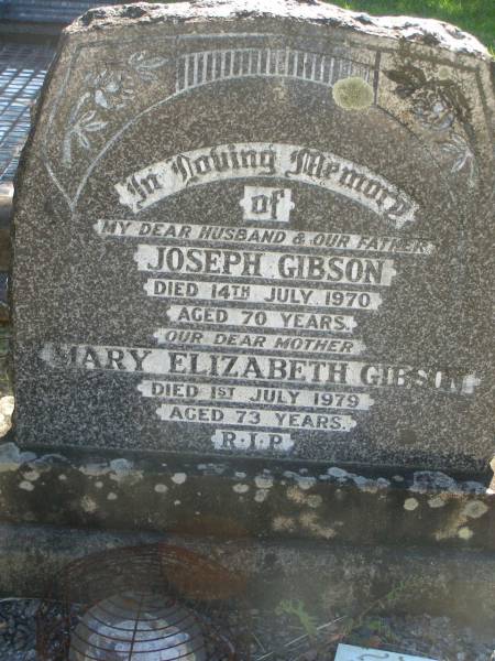 Joseph GIBSON,  | husband father,  | died 14 July 1970 aged 70 years;  | Mary Elizabeth GIBSON,  | mother,  | died 1 July 1979 aged 73 years;  | Blackbutt-Benarkin cemetery, South Burnett Region  | 