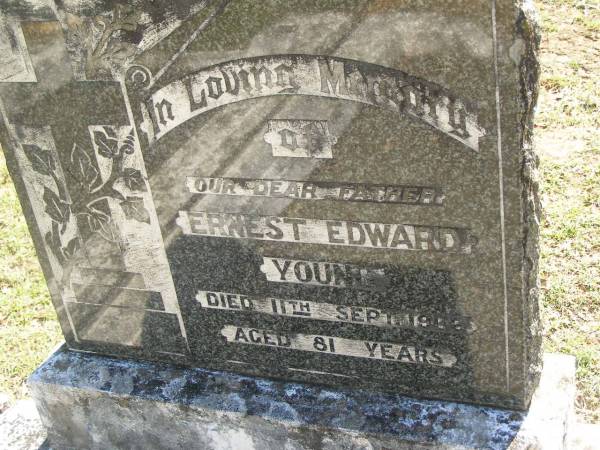Ernest Edward YOUNG,  | died 11 Sept 1966 aged 81 years,  | father;  | Blackbutt-Benarkin cemetery, South Burnett Region  | 