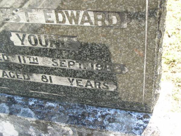 Ernest Edward YOUNG,  | died 11 Sept 1966 aged 81 years,  | father;  | Blackbutt-Benarkin cemetery, South Burnett Region  | 