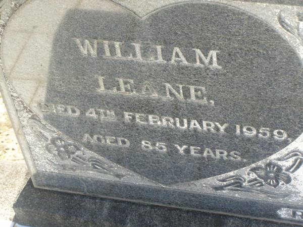 William LEANE,  | died 4 Feb 1959 aged 56 years;  | Sarah Frances LEANE,  | died 15 March 1960 aged 80 years;  | Blackbutt-Benarkin cemetery, South Burnett Region  | 