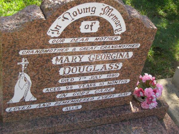 Mary Georgina (Georgie) DOUGLASS,  | mother grandmother great-grandmother,  | died 7 July 1990 aged 99 years 10 months;  | Blackbutt-Benarkin cemetery, South Burnett Region  | 