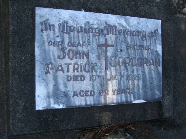 John Patrick CORCORAN,  | brother,  | died 10 July 1972 aged 62 years;  | Blackbutt-Benarkin cemetery, South Burnett Region  | 