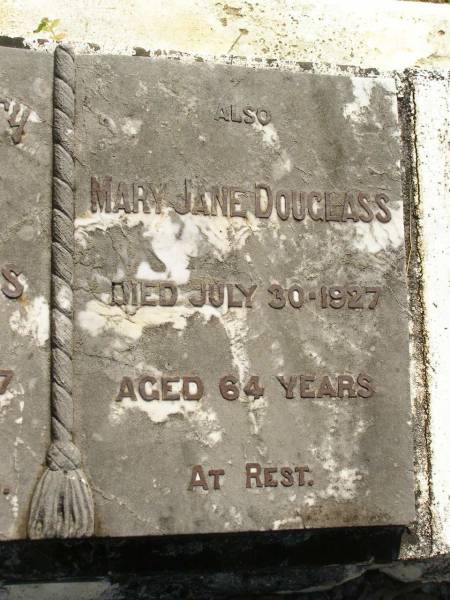John DOUGLASS,  | died 11 Jan 1927 aged 68 years;  | Mary Jane DOUGLASS,  | died 30 July 1927 aged 64 years;  | Blackbutt-Benarkin cemetery, South Burnett Region  | 