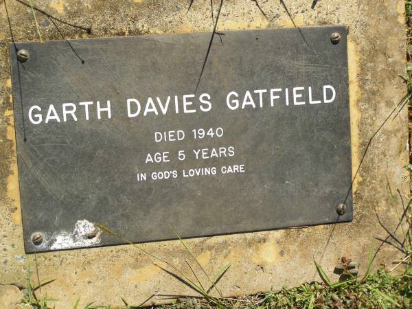 Garth Davies GATFIELD,  | died 1940 aged 5 years;  | Blackbutt-Benarkin cemetery, South Burnett Region  | 