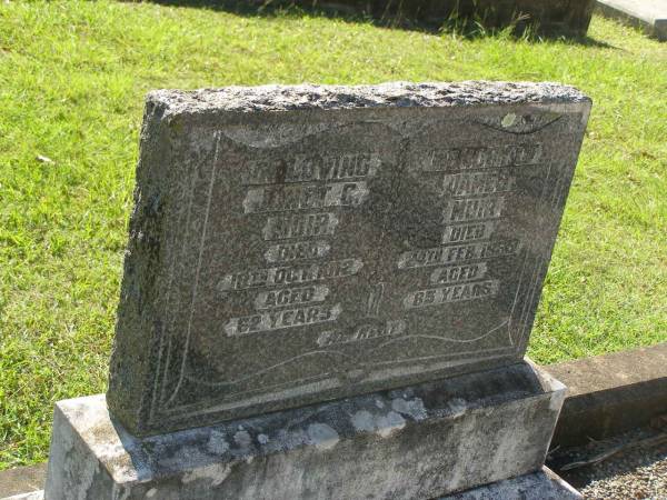 Janet C. MUIR,  | died 18 Oct 1912 aged 62 years;  | James MUIR,  | died 24 Feb 1955 aged 85 years;  | Blackbutt-Benarkin cemetery, South Burnett Region  | 
