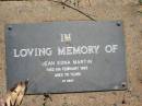 
Jean Edna MARTIN,
died 5 Feb 1993 aged 78 years;
Blackbutt-Benarkin cemetery, South Burnett Region
