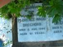 
Florence Maud DREGHORN,
mother,
died 6 Aug 1966 aged 61 years;
Peter DREGHORN,
husband father,
died 5 Sept 1953 aged 67 years;
Blackbutt-Benarkin cemetery, South Burnett Region
