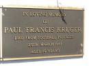 Paul Francis KRUGER, died from football injuries 25 March 1961 aged 19 years; Blackbutt-Benarkin cemetery, South Burnett Region 