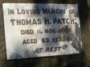 Thomas H. PATCH, died 11 Nov 1947 aged 63 years; Blackbutt-Benarkin cemetery, South Burnett Region 