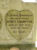 
Jesse CRUMPTON,
husband father,
1852 - 1925;
Nancy CRUMPTON,
mother,
died 1 Nov 1946 aged 93 years;
Blackbutt-Benarkin cemetery, South Burnett Region
