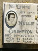 
Nellie CRUMPTON,
mother,
died 30 Nov 1993 aged 89 years;
William John CRUMPTON,
husband father,
died 27 Feb 1983 aged 85 years;
Blackbutt-Benarkin cemetery, South Burnett Region
