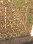 
Otto VANDERSEE,
father,
born 14-2-1895,
accidentally killed 30-6-1934;
Gustav Albert KANOWSKI,
uncle,
born 13-1-1893,
died 21-2-1983;
Blackbutt-Benarkin cemetery, South Burnett Region
