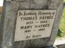 
Thomas HAYNES,
1872 - 1944;
Mary HAYNES,
1881 - 1962;
Blackbutt-Benarkin cemetery, South Burnett Region
