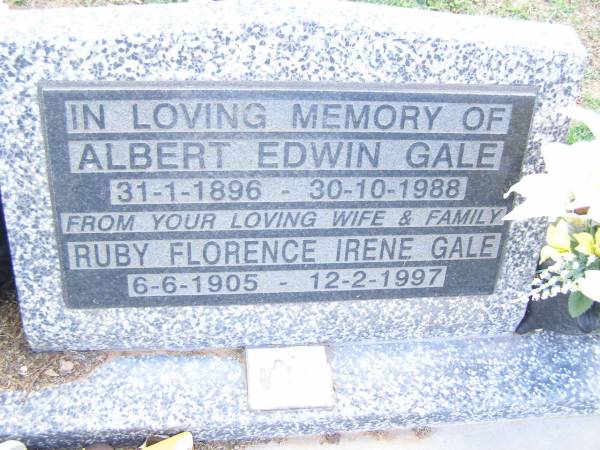 Grave of Albert Edwin Gale (31-1-1896 - 30-10-1988)  | and wife Ruby Florene Irene Gale (6-6-1905 - 12-2-1997),  | Bourke cemetery,  | New South Wales  | 