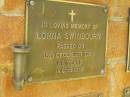 
Lorna SWINBOURN,
died 16 Dec 1994 aged 68 years;
Bribie Island Memorial Gardens, Caboolture Shire
