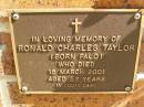 
Ronald Charles TAYLOR,
born Palo,
died 15 March 2001 aged 57 years;
Bribie Island Memorial Gardens, Caboolture Shire
