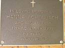 
Hanna ACHENBACH,
died 17 Nov 1998 aged 89 years;
Bribie Island Memorial Gardens, Caboolture Shire
