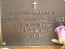 
Bertie Harold HAYES,
died 26 June 1997 aged 76 years;
Bribie Island Memorial Gardens, Caboolture Shire
