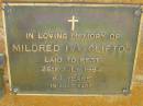 
Mildred Ivy CLIFTON,
died 26 July 1994 aged 64 years;
Bribie Island Memorial Gardens, Caboolture Shire
