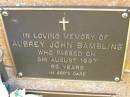 
Aubrey John BAMBLING,
died 5 Aug 1997 aged 92 years;
Bribie Island Memorial Gardens, Caboolture Shire
