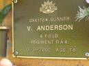 
V. ANDERSON,
died 10-9-2002 aged 78 years;
Bribie Island Memorial Gardens, Caboolture Shire
