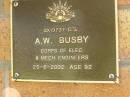 
A.W. BUSBY,
died 25-6-2002 aged 92 years;
Bribie Island Memorial Gardens, Caboolture Shire
