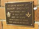 
Robert SHEPHERD,
died 19 July 2001 aged 85 years,
husband of Yvonne;
Bribie Island Memorial Gardens, Caboolture Shire
