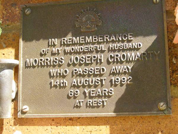 Morriss Joseph CROMARTY,  | husband,  | died 14 Aug 1992 aged 69 years;  | Bribie Island Memorial Gardens, Caboolture Shire  | 